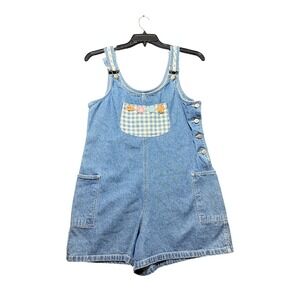 True Blue Shortall Romper Overalls Women Size M Blue Good Floral Gingham Denim
